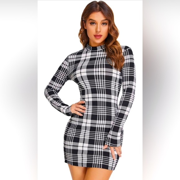 SHEIN Dresses & Skirts - SHEIN Mock Neck Long Sleeve Plaid Pencil Mini Bodycon Dress Sz M